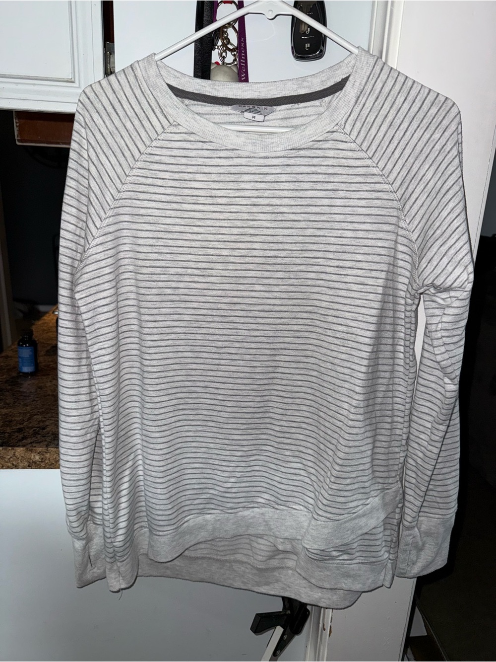 Danskin Light Gray & Dark Gray Striped Crewneck Sweater